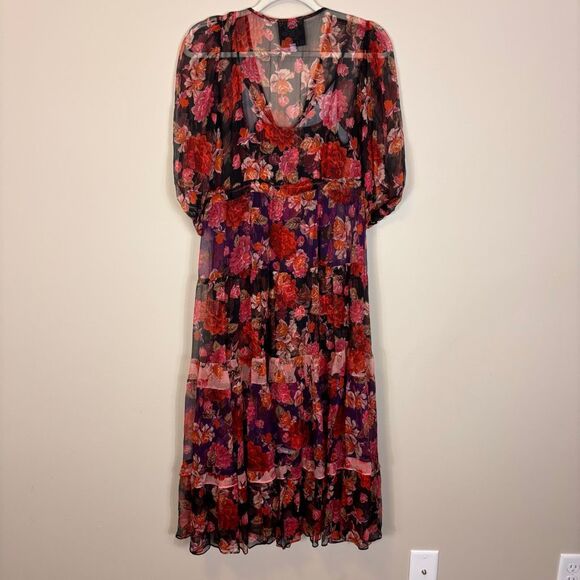 Johnny Was Jade Red & Pink Floral Short Sleeve Midi Silk Dress Small - Picture 2 of 9